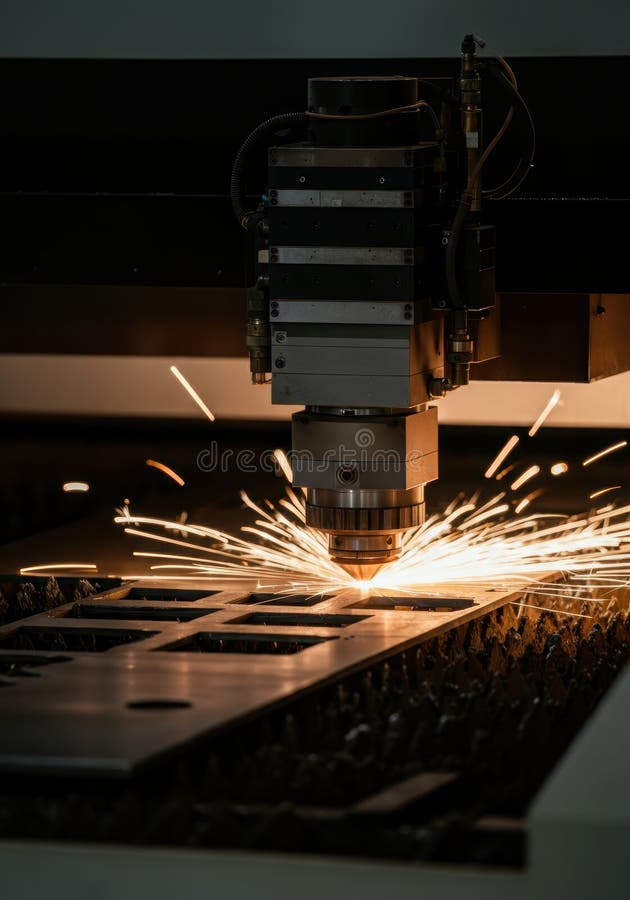 Laser cutting machine in action, creating sparks during metal fabrication stock photo