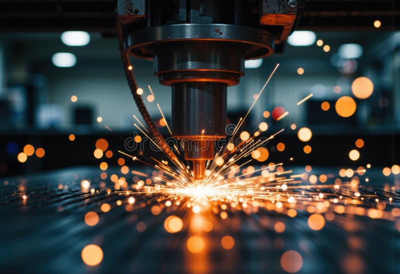 Laser cutting machine creating sparks in a manufacturing environment royalty free stock photo
