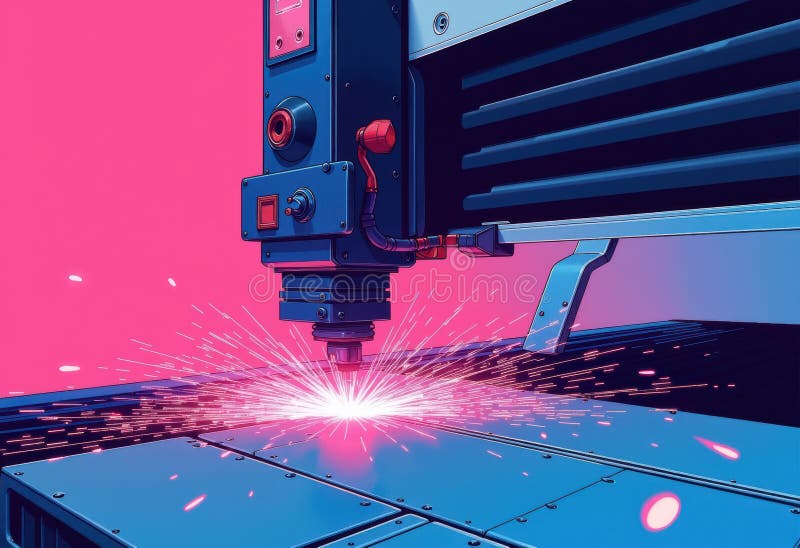 Laser cutting machine creating sparks on a metal surface royalty free stock photos