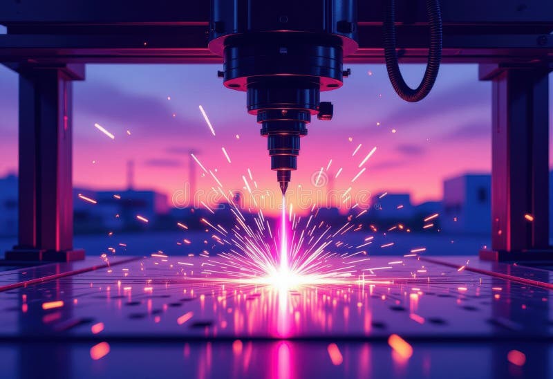 Laser cutting machine creating sparks in a vibrant industrial setting stock photos
