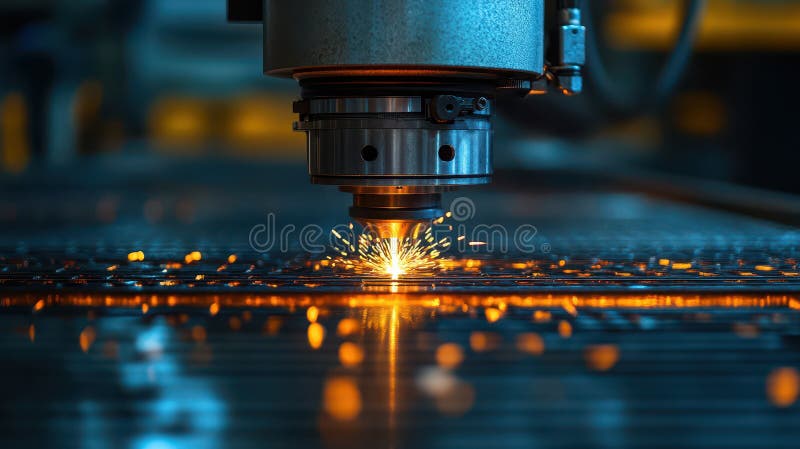 Laser cutting process creates sparks in metal royalty free stock photography