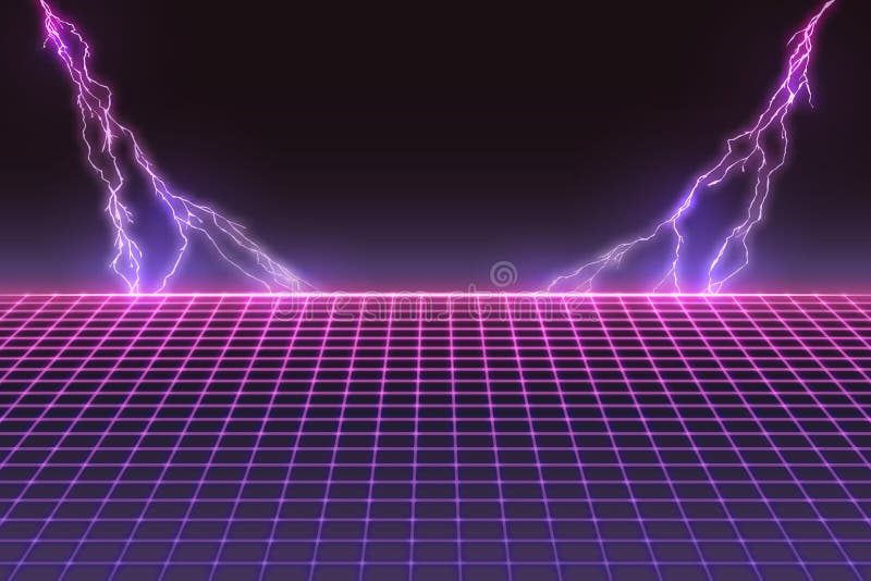 Laser Grid with Bolts of Lightning. Retro Futuristic Template in 80s Style stock illustration