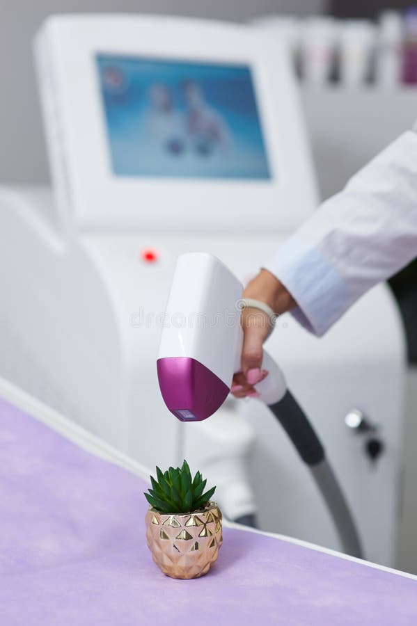 Laser hair removal device. jokingly makes epilation on a green thorny flower