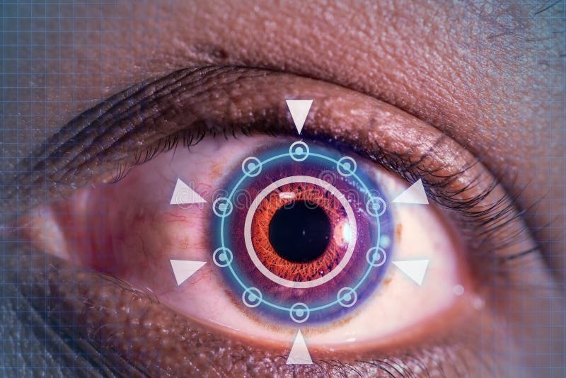 Laser or lasik eye surgery concept, african american male brown eyes with digital overlay also suitable for glaucoma imagery