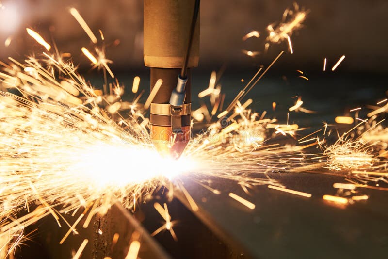 Laser or Plasma Cutting Technology of Flat Sheet Metal. Stock Photo