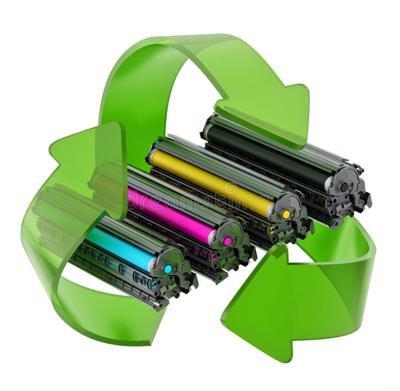 Laser printer CMYK toners inside recycle arrows. 3D illustration royalty free illustration