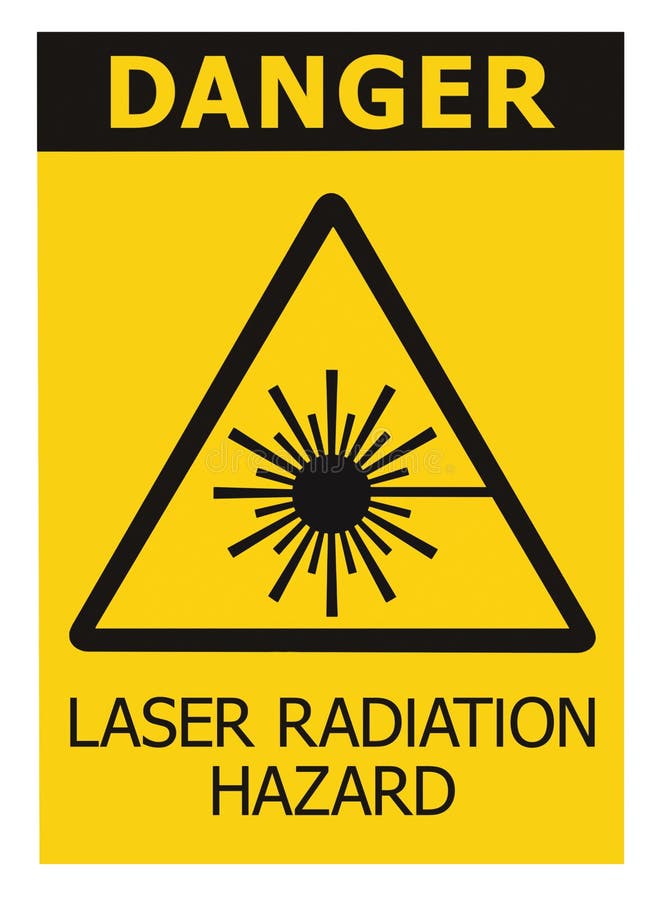 Laser radiation hazard safety danger warning text sign yellow sticker label, high power beam icon signage, isolated black triangle royalty free stock image