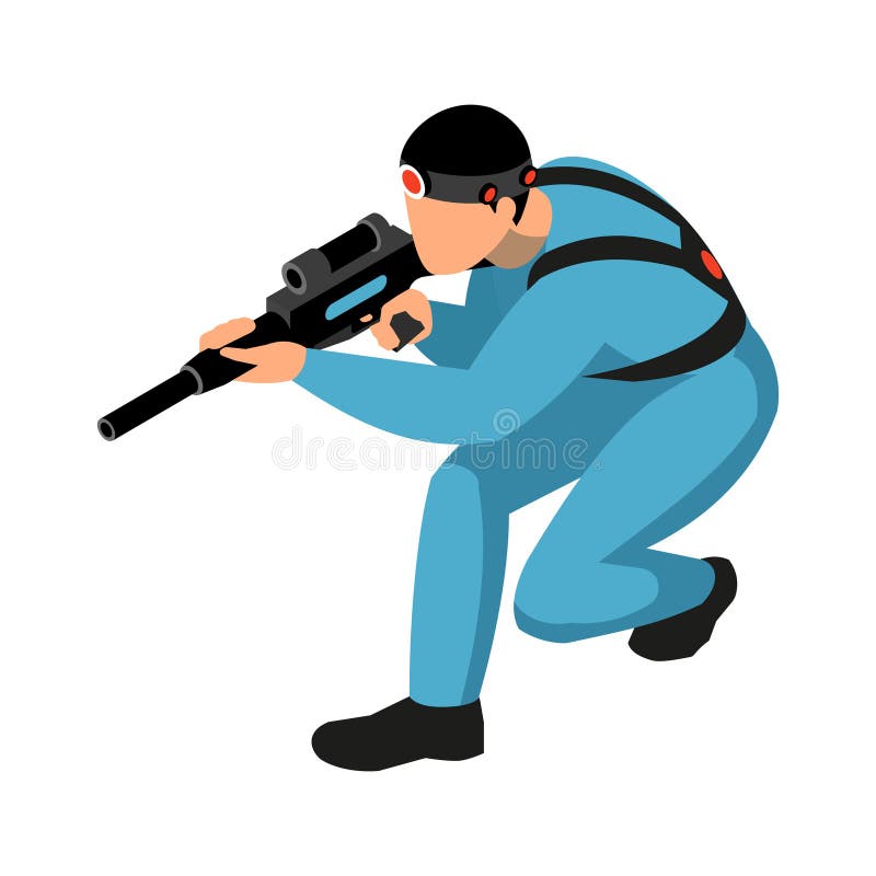 Cartoon man playing laser tag game holding a gun and walking Stock