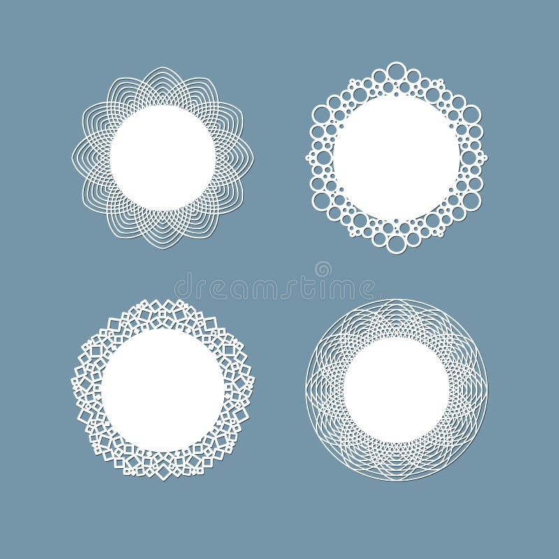 Lasercut lace doily design. Round pattern ornament. Template mockup of a round white lace doily, napkin lasercut frame. Set. Design element for lasercut elegant vintage invitation, banner. Vector lacÐµ doily. Lasercut lace doily design. Round pattern ornament. Template mockup of a round white lace doily, napkin lasercut frame. Set. Design element for lasercut elegant vintage invitation, banner. Vector lacÐµ doily