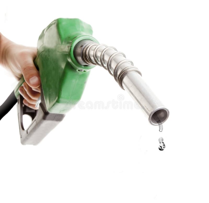 Male hand holding gas pump isolated on white with one last drop. Male hand holding gas pump isolated on white with one last drop