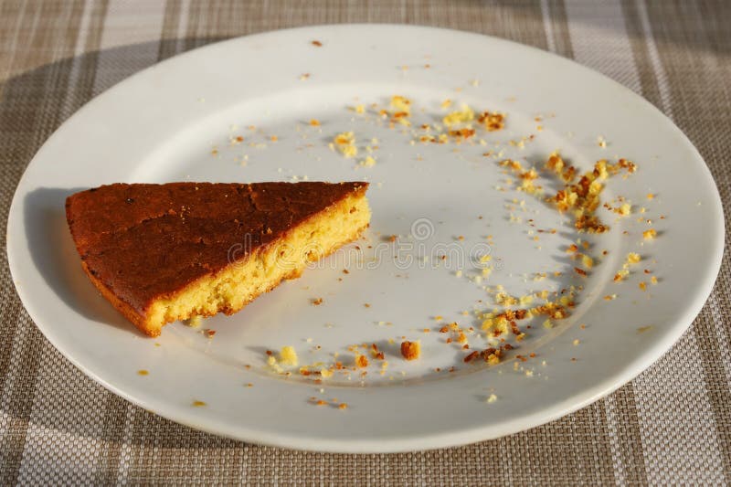 Last Piece of Baked Pie on Plate with Crumbs from Others Stock Photo