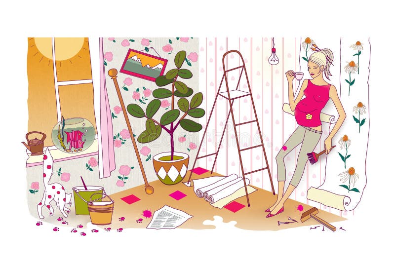 Last Preparations before the Birth of a Child. a Pregnant Woman with a Huge Belly Does Repairs and Re-glues the Wallpaper Stock Illustration - Illustration of equipment, brushes: 143025696 Last Preparations before the Birth of a Child. a Pregnant Woman with a Huge Belly Does Repairs and Re-glues the Wallpaper Stock Illustration - Illustration of equipment, brushes: 143025696