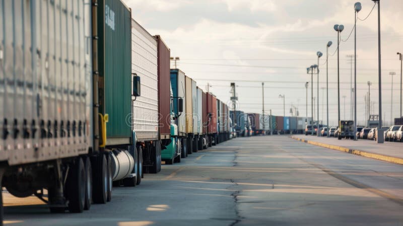 Lastkraftwagen und Züge warten an den Ladedocks, um die Fertigerzeugnisse zu ihren Endzielen zu transportieren stockfotos