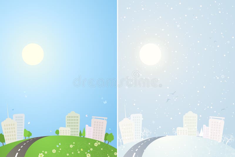 Lata i zimy miasta tła ilustracja wektor Lata i zimy miasta tła ilustracja wektor