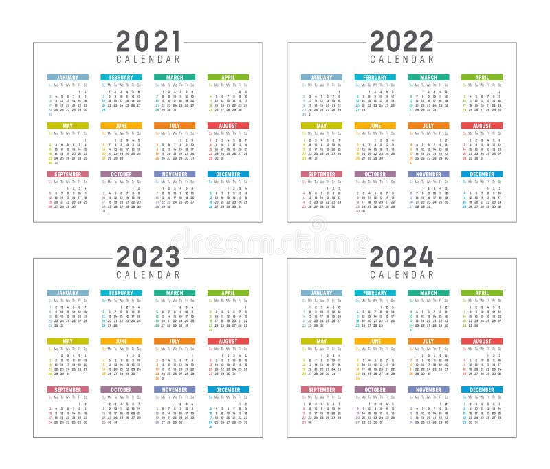 Lata 2021 2022 2023 2024 kalendarze kolorowe ilustracji
