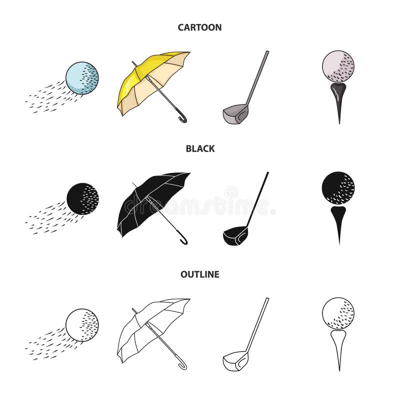 Latająca piłka, żółty parasol, kij golfowy, piłka na stojaku Kij golfowy ustalone inkasowe ikony w kreskówce, czarnej royalty ilustracja Latająca piłka, żółty parasol, kij golfowy, piłka na stojaku Kij golfowy ustalone inkasowe ikony w kreskówce, czarnej royalty ilustracja