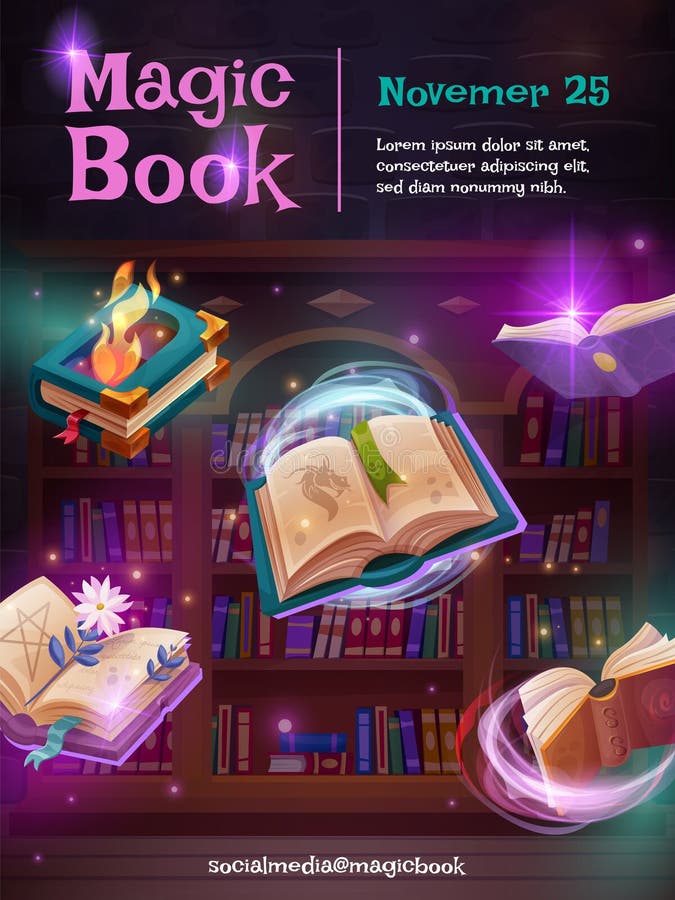 Latające książki magii. wizards School Library z płynącymi magicznymi książkami czytającymi plakat lub sieć gier fantasy ilustracja wektor