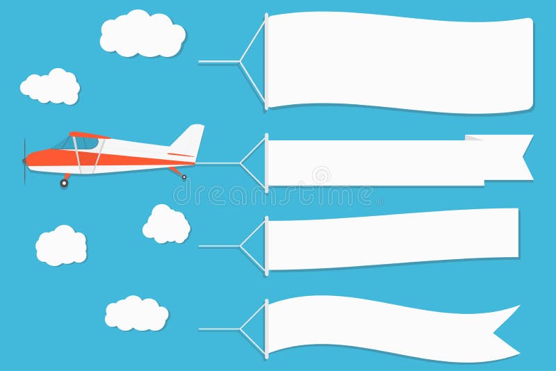 Latający reklamowy sztandar Samolot z horyzontalnymi sztandarami na niebieskiego nieba tle
