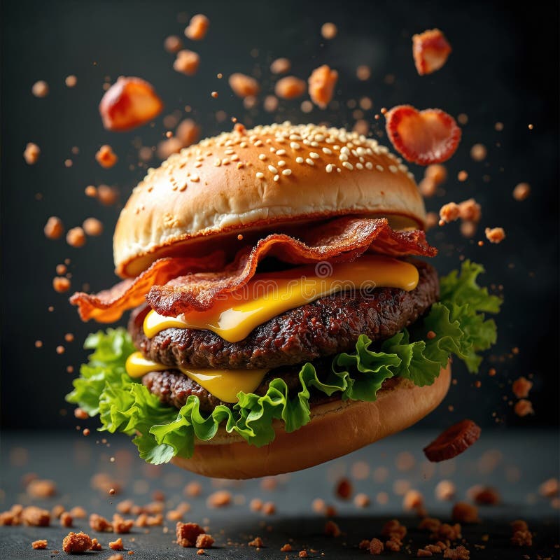Latający wielki smaczny hamburger. Klasyczny burger z serem z bekonem sałata sezamowa sos z bułki. Pozycja menu Fast food. Żywność ilustracja wektor