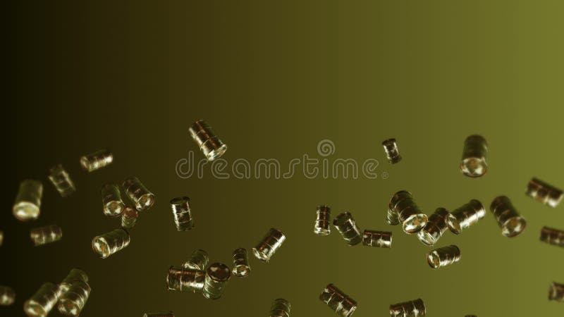 Latanie wieloma starymi bębnami na brązowym tle. chemikalia metalowe beczki 3d animacja zbiornika oleju obracającego się. pętla.