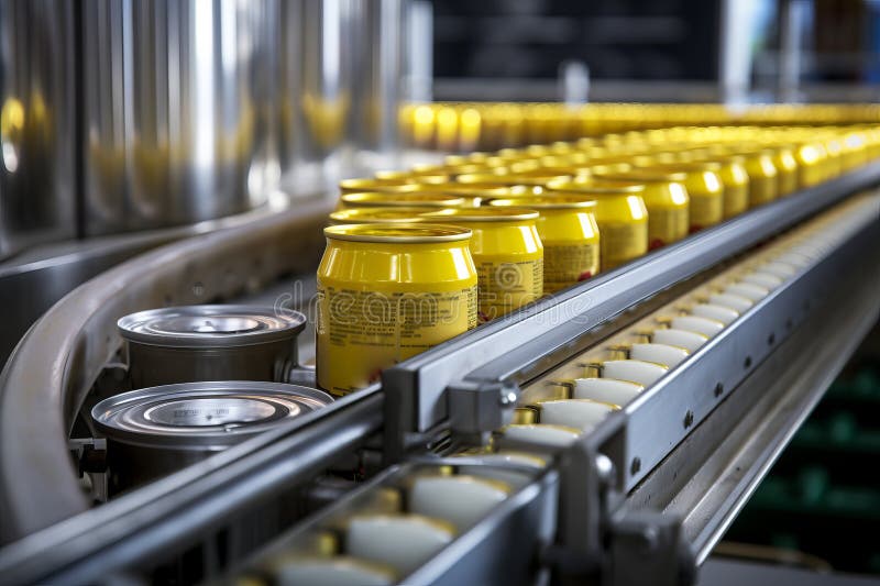 Cans move on a conveyor belt for labeling AI generated. Cans move on a conveyor belt for labeling AI generated