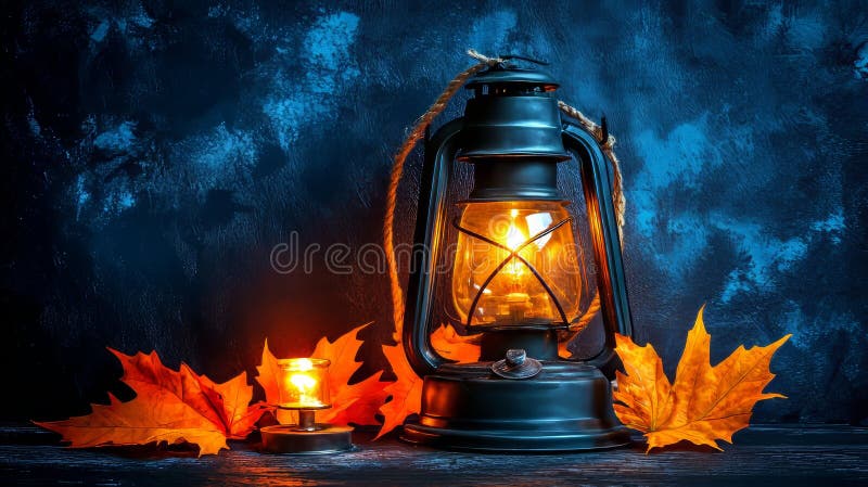 Laternenschwalbe auf rustikalem Holzboden, umgeben von Herbstblättern lizenzfreies stockbild