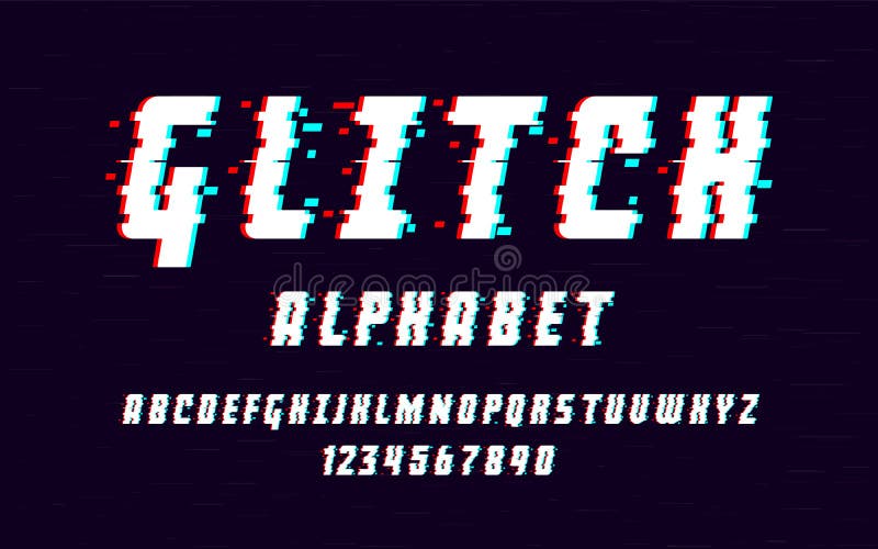 Latin alphabet. Trendy font 2018 style distorted glitch typeface. Letters and numbers vector illustration. stock illustration Latin alphabet. Trendy font 2018 style distorted glitch typeface. Letters and numbers vector illustration. stock illustration