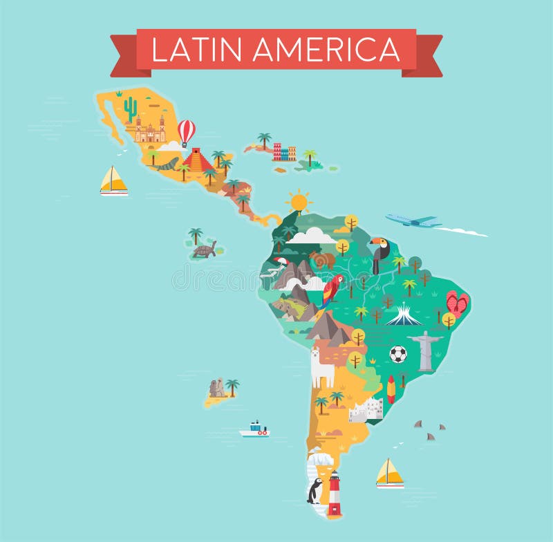 Latin America map. Tourist and travel landmarks