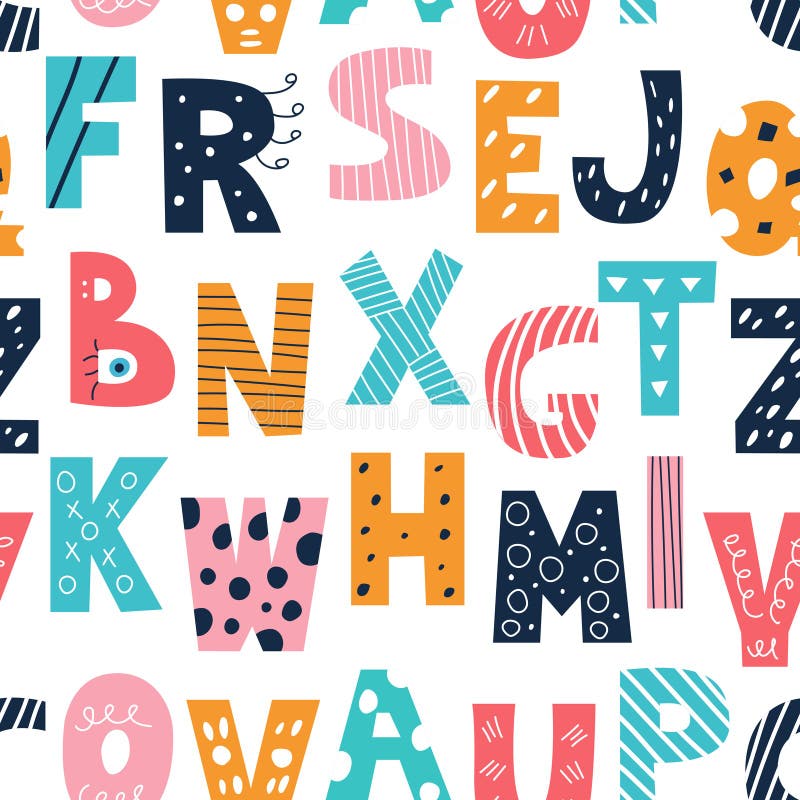 Latin multicolored alphabet in the style of doodles on a white background. Vector seamless pattern. Decor for children&x27;s