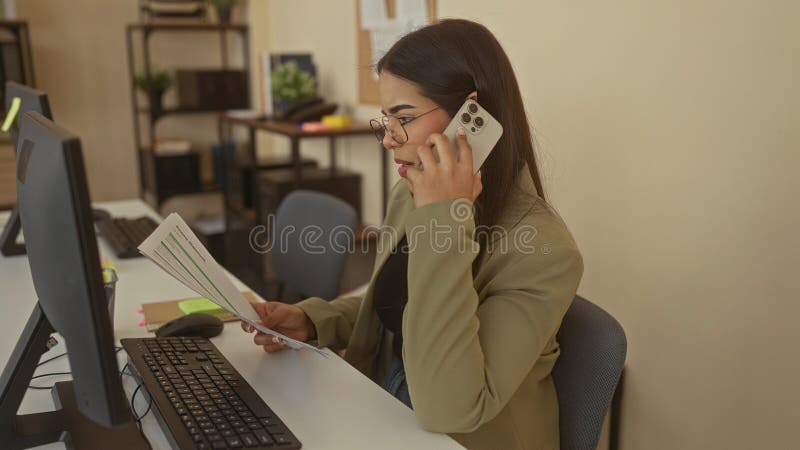Latin woman in office working on computer call holding reports wearing glasses and jacket stock image