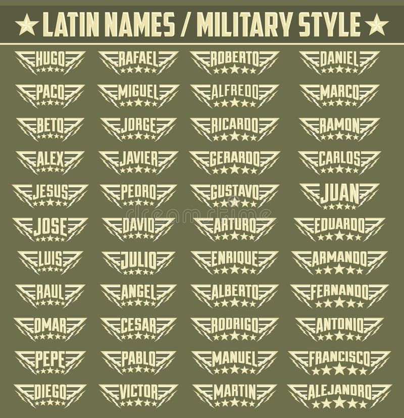 Latinamerikanska populära namn, uppsättning av militär stil förser med märke med personliga latinska namn stock illustrationer Latinamerikanska populära namn, uppsättning av militär stil förser med märke med personliga latinska namn stock illustrationer