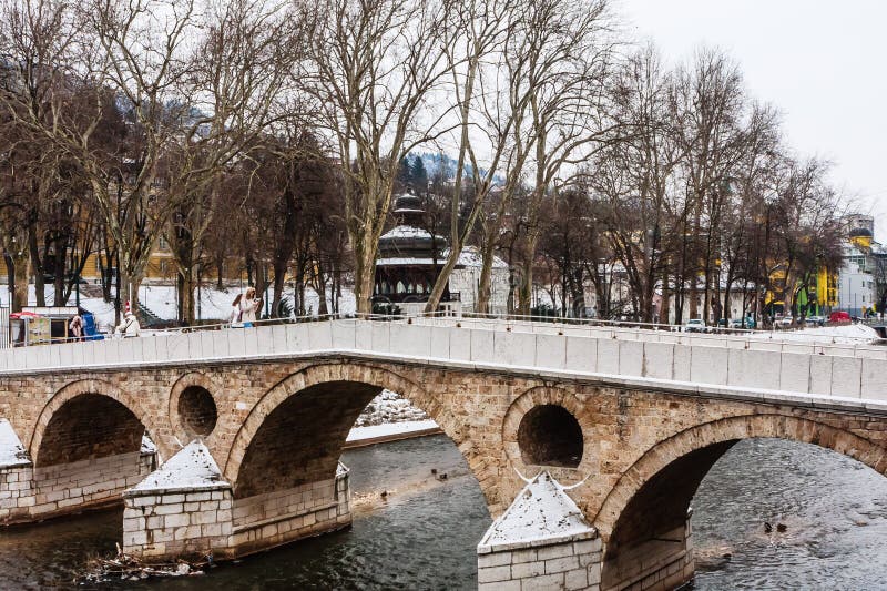 View of Latinska kuprija the Latin Bridge crossing the Miljacka river central Sarajevo city. Bosnia and Herzegovina