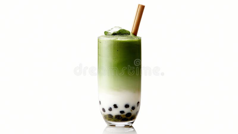 Latite de matcha gelada com pérolas de tapioca e palha de bambu ilustração royalty free