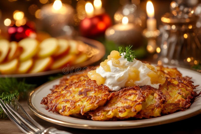 Latkes hanukkah z applesauce i kwaśnymi śmietankami ilustracja wektor