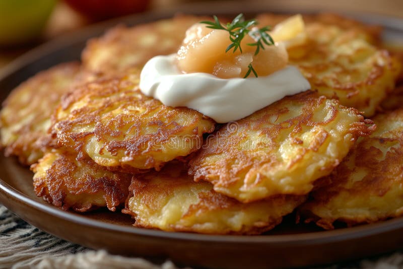Latkes z kwaśną śmietaną i applesauce ndash tradycyjne naleśniki hanukkah royalty ilustracja