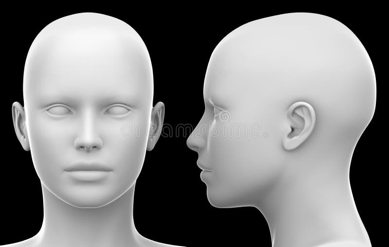 Lato capo- femminile bianco in bianco e vista frontale isolati sul nero