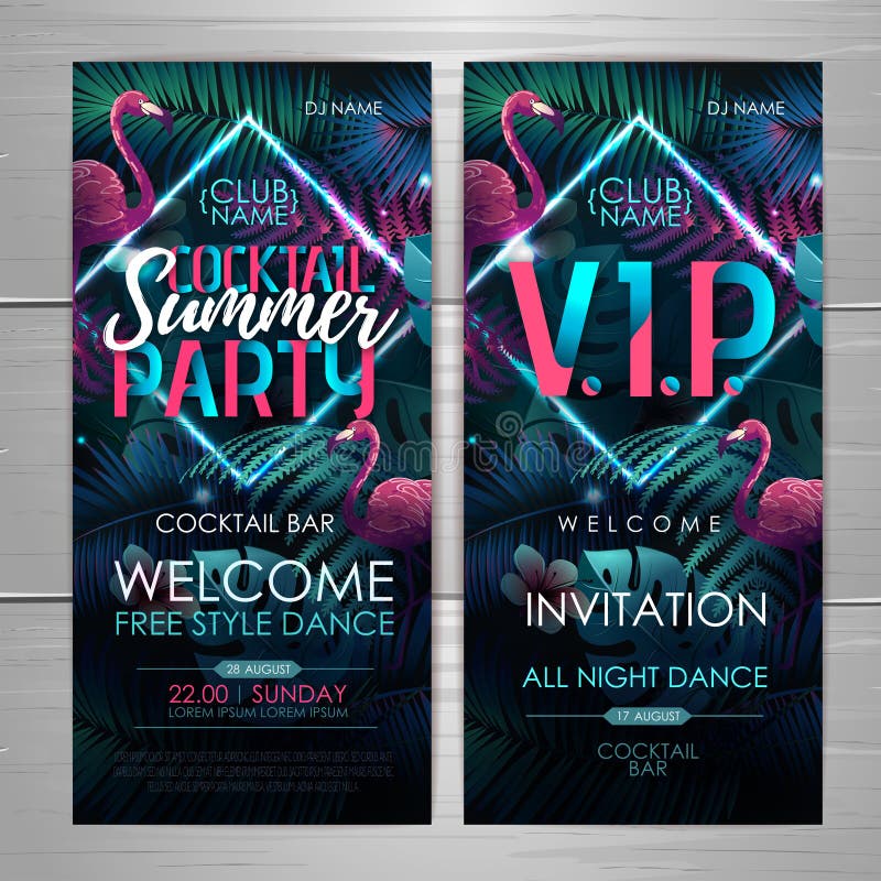 Lato dyskoteki przyjęcia koktajlowe typografii plakat z flamingiem i fluorescencyjnymi zwrotników liśćmi t?a karcianego projekta ilustracji Lato dyskoteki przyjęcia koktajlowe typografii plakat z flamingiem i fluorescencyjnymi zwrotników liśćmi t?a karcianego projekta ilustracji