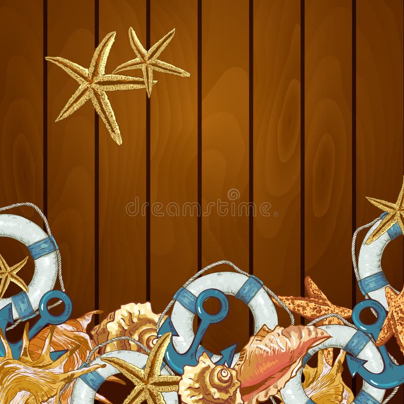 Summer Card with Sea Shells, Anchor, Lifeline on Wood Background. Summer Card with Sea Shells, Anchor, Lifeline on Wood Background