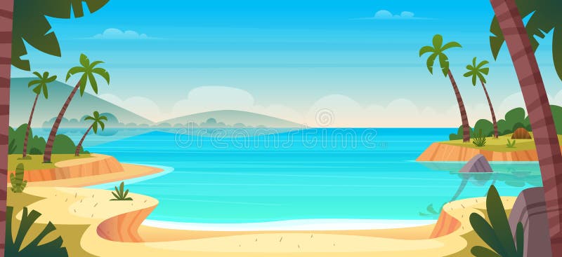 Lato karykatura dzika plaża rajska. rajski wypoczynek przyrodniczy ocean lub morski brzeg morza. krajobraz nadmorski