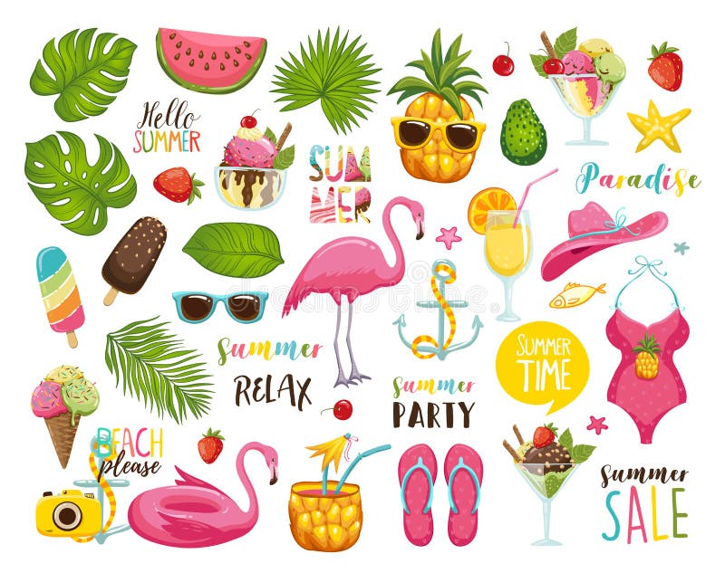 Lato ustawiający z ręka rysującymi podróż elementami Lody, arbuz, liście, kapelusz, sandały, ananas, torba, kaligrafia i ilustracji Lato ustawiający z ręka rysującymi podróż elementami Lody, arbuz, liście, kapelusz, sandały, ananas, torba, kaligrafia i ilustracji