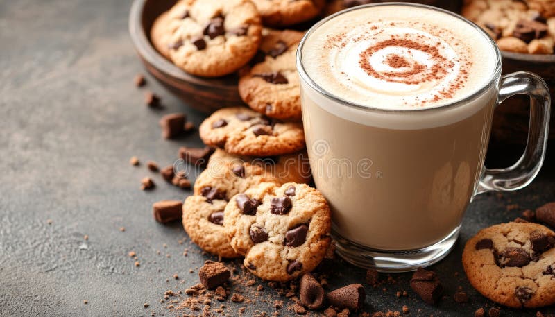 Latte aromatyczne o spiralnym wzorze otoczone świeżo pieczonymi ciasteczkami w rustykalnych warunkach ilustracja wektor