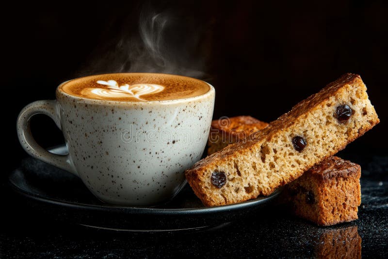 Latte Art and Biscotti : perfekte Kaffeepause lizenzfreie abbildung