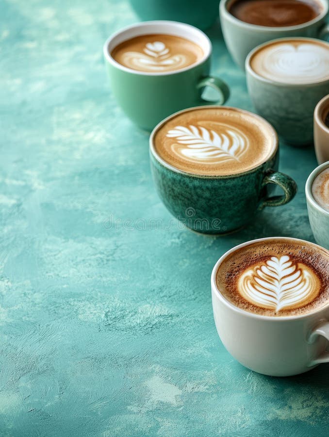 Latte artistice în căni ceramice pe fond rustic. royalty free stock photo