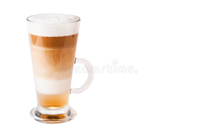 Latte coffee isolated on white in a glass in layers