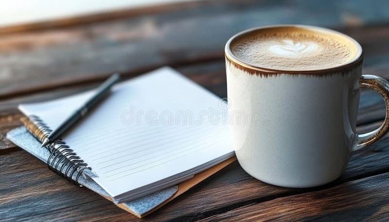 Latte Composition with Open Notepad and Writing Instrument on Brown Wooden Surface for Creativity vector illustration