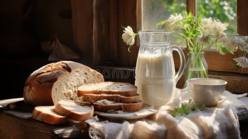 Latte crudo di coagulazione di latte fette di pane e tovagliolo di lino su tavoli di legno raffigurante la vita dei contadini royalty illustrazione gratis