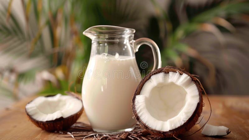 Latte di cocco fresco in brocca con cocco dimezzato. giornata mondiale del latte royalty illustrazione gratis