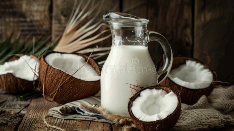 Latte di cocco fresco in brocca con cocco dimezzato. giornata mondiale del latte royalty illustrazione gratis