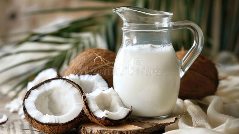 Latte di cocco fresco in brocca con cocco dimezzato royalty illustrazione gratis