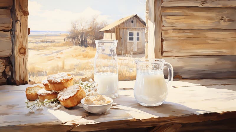 Latte di origine rustica: fette di pane con tovagliolo di lino in tovagliolo di legno da tavola, stile di vita dei contadini illustrazione di stock